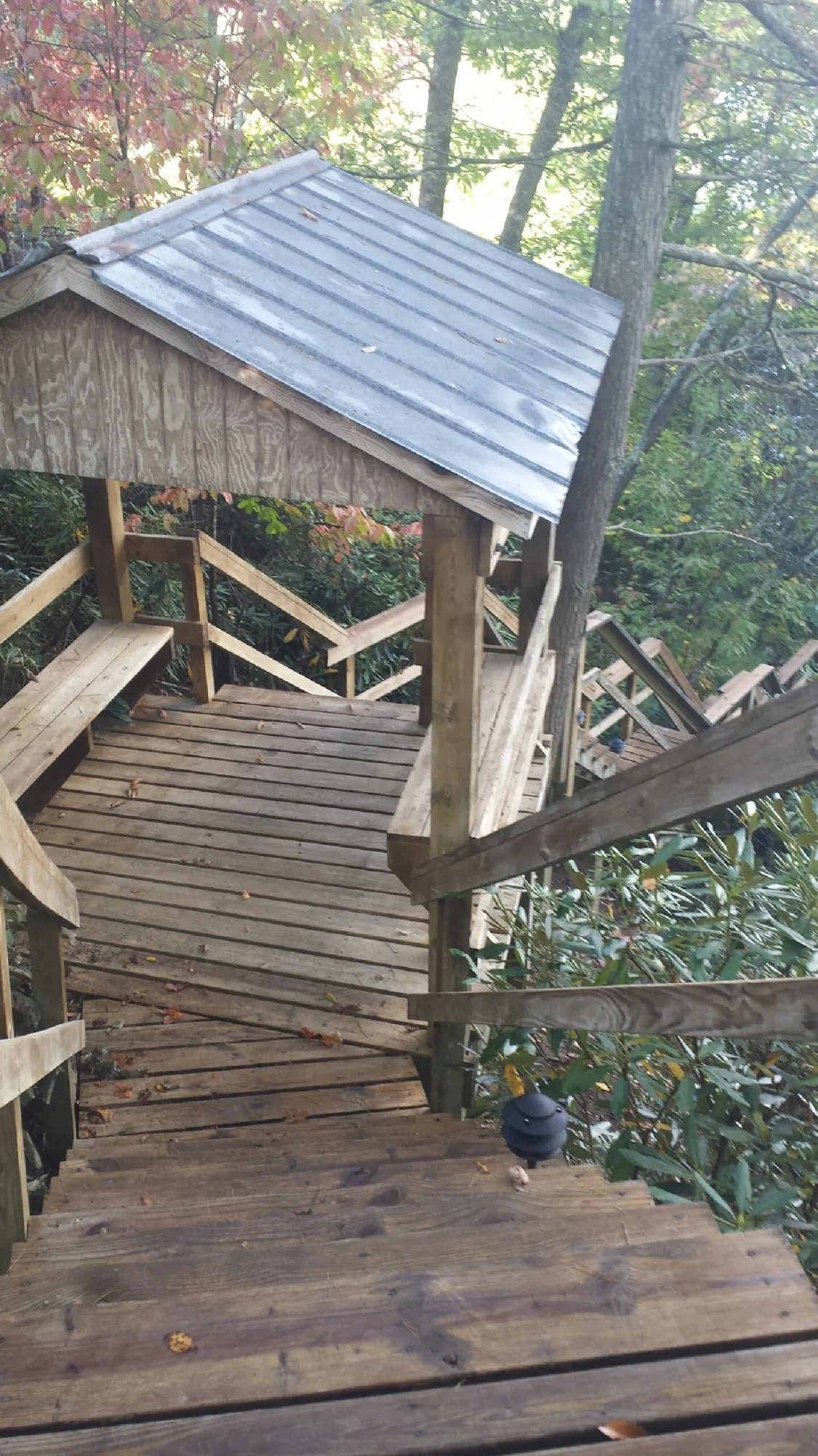 Metal roofed shelter over wooden steps on a wooded walkway — Skylight Repair & Installation work by our crew in Rising Fawn